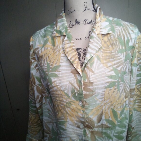 Cathy Daniels Blouse M Button Up Sheer Textured 3/4 Sleeve Floral Brown Green - Picture 9 of 16